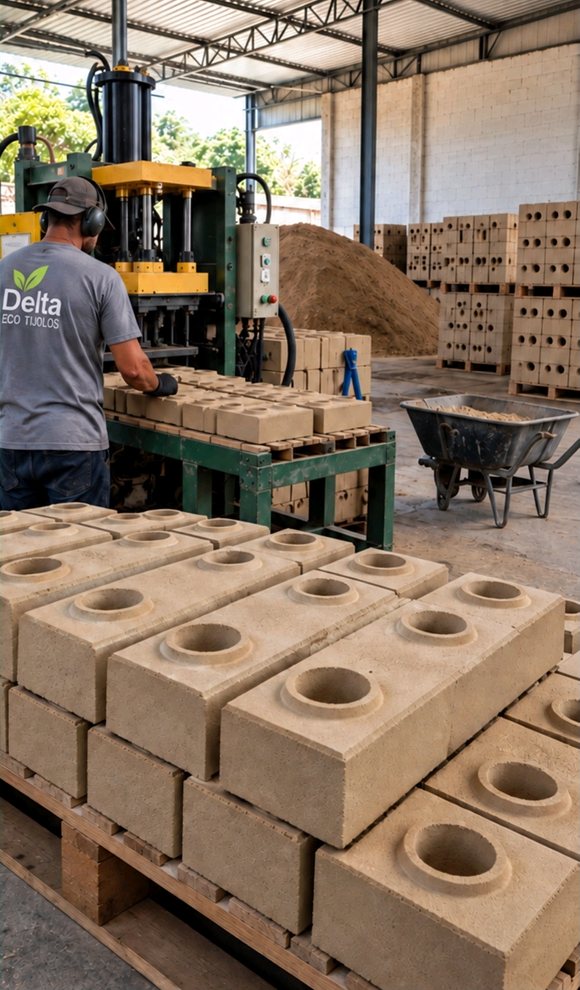 Operador junto à prensa hidráulica e tijolos ecológicos empilhados em palete na fábrica Delta Eco Tijolos