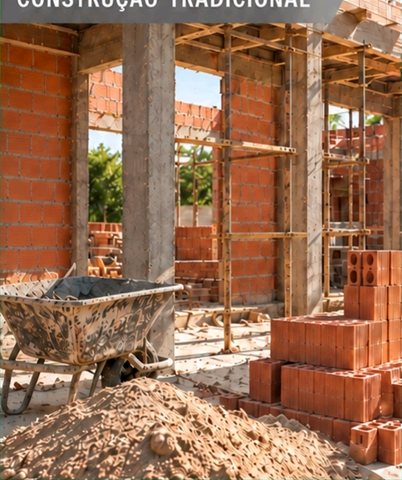 Obra tradicional com tijolo cerâmico, pilares de concreto, carrinho e areia